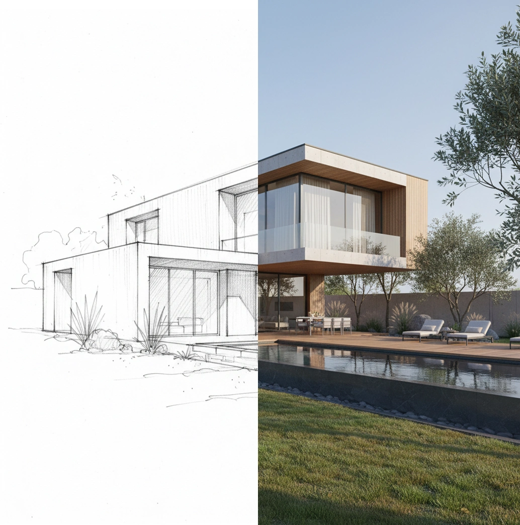 Sketch to render: Turn an architectural sketch into a more tangible visual direction.