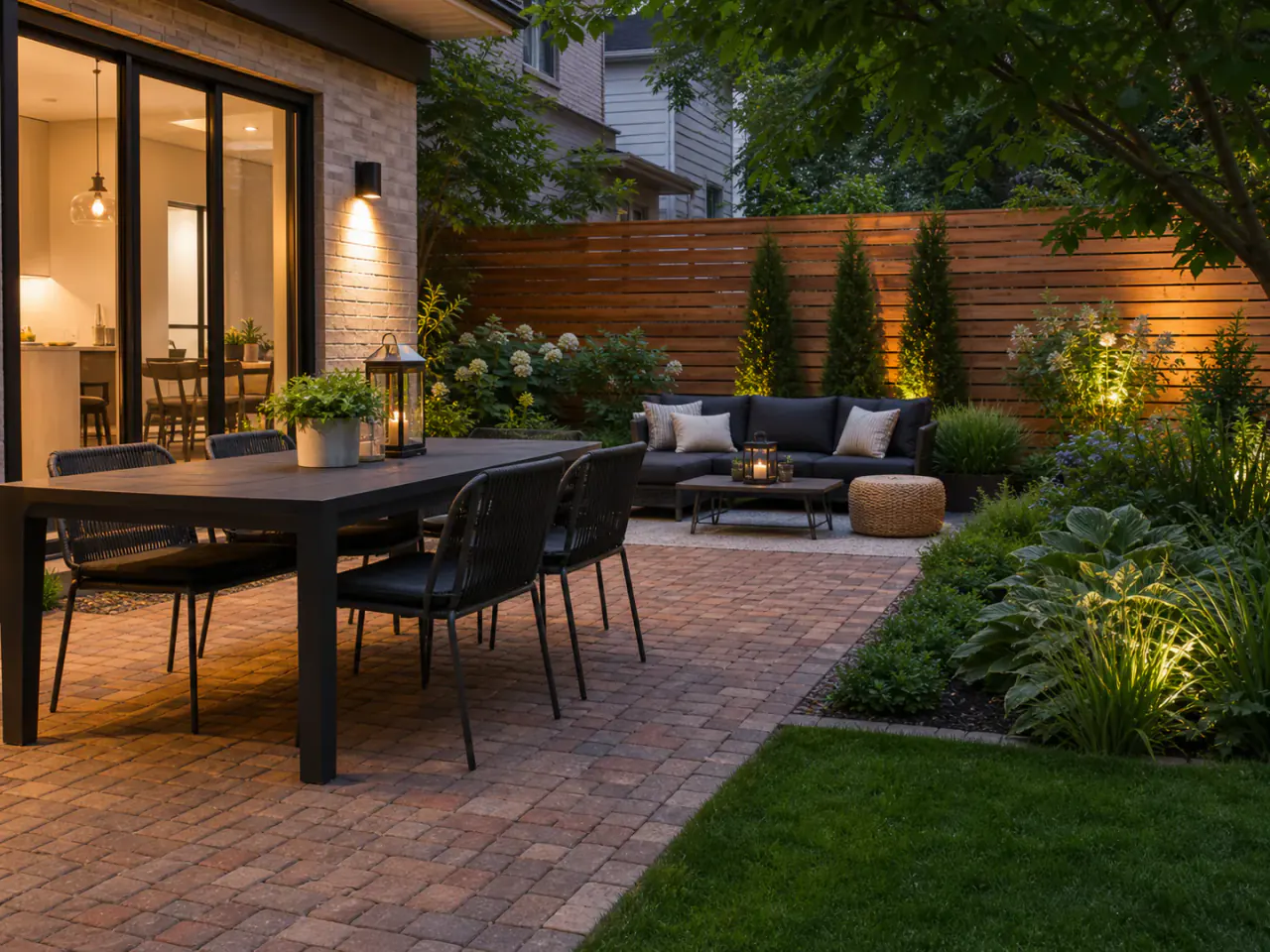 Compact backyard dining and lounge areas with privacy planting