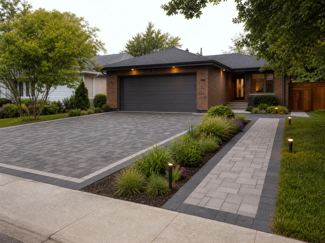 Permeable paver driveway with a separate path and planted drainage strip