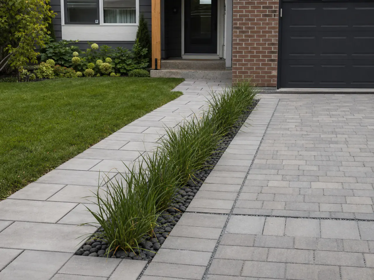 Driveway material detail with pedestrian path and planted drainage channel