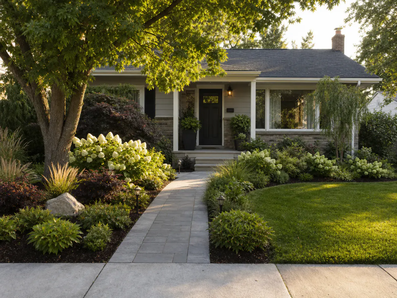 Front yard with a clear entrance path and layered residential planting