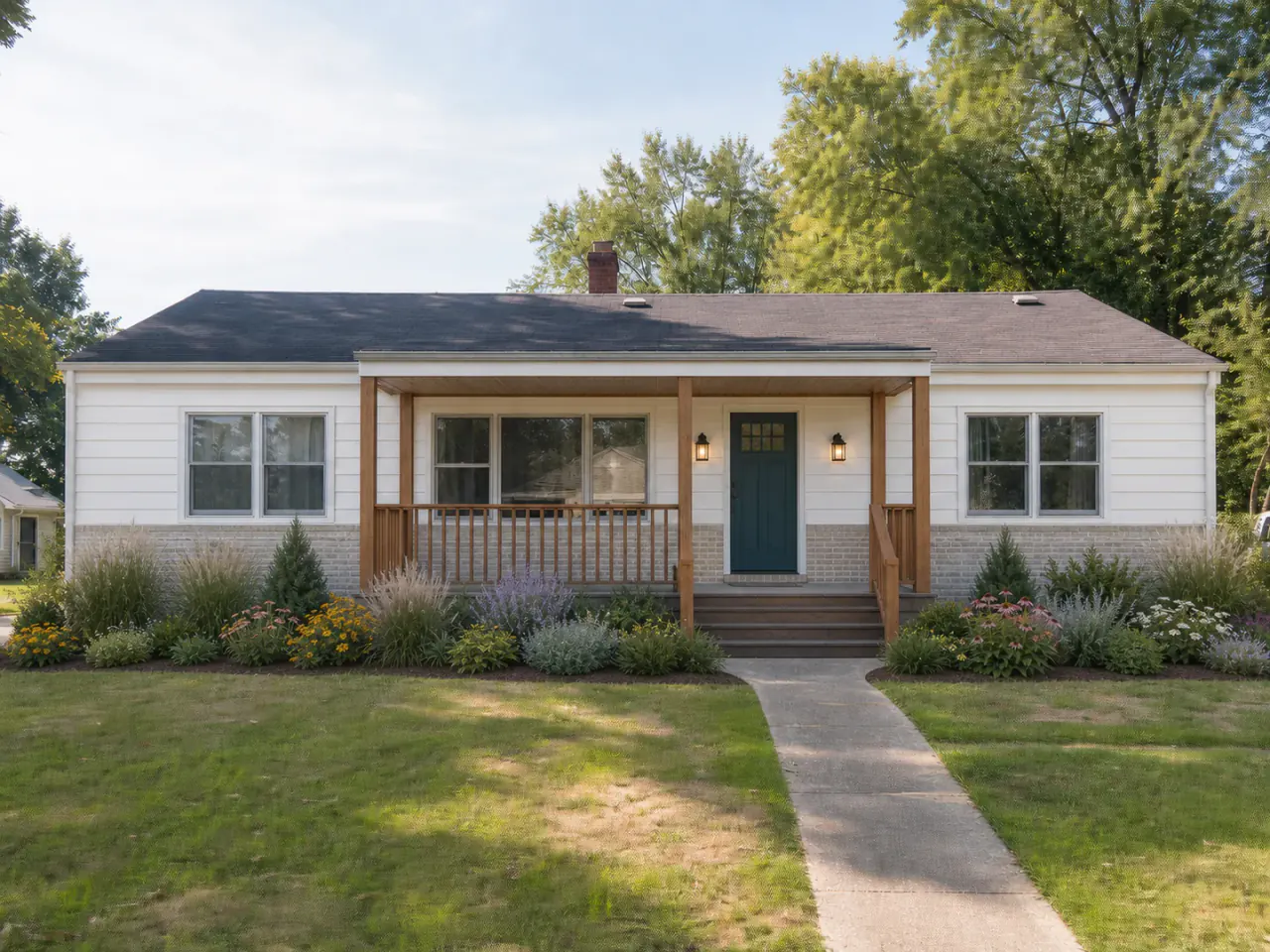 The same bungalow with a coordinated porch, facade, entrance, and landscape makeover