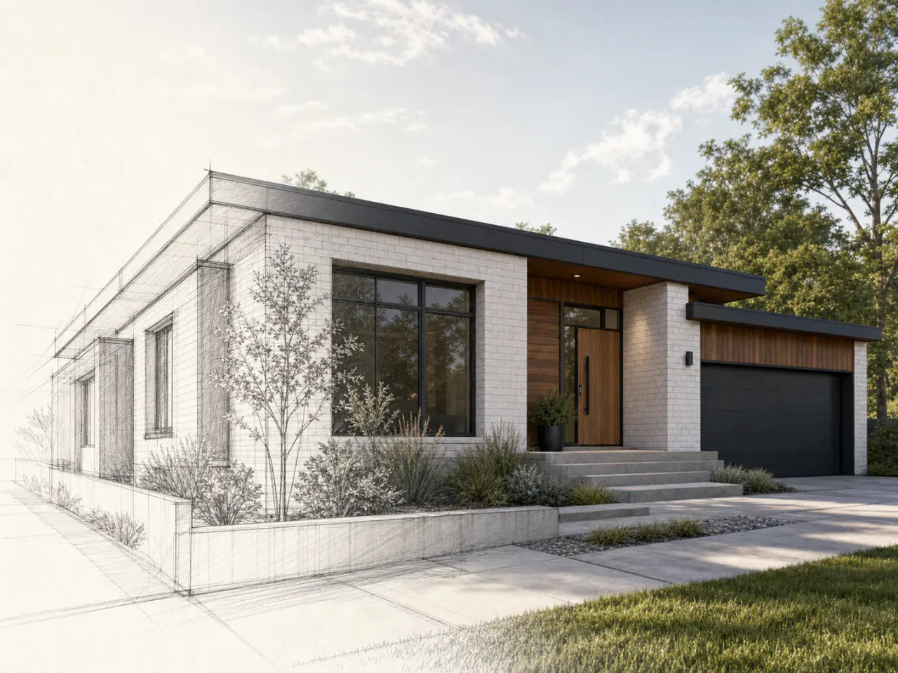 Aligned pencil sketch and realistic rendering of a contemporary home